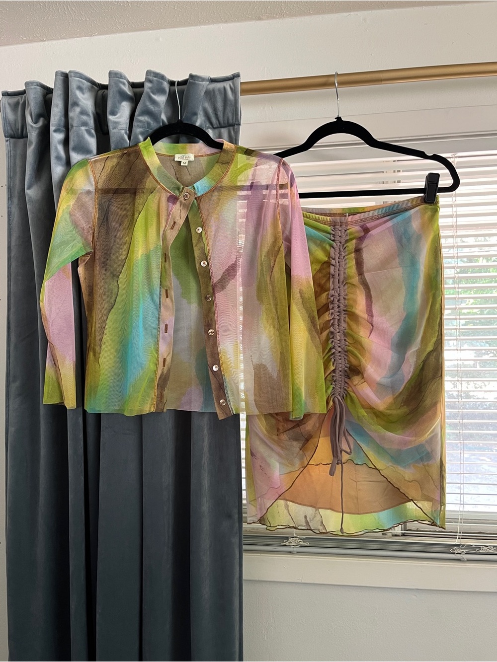 Vintage Rare Petit Pois Y2K Sheer Multicolor Mesh Cardigan + Ruched Skirt Set